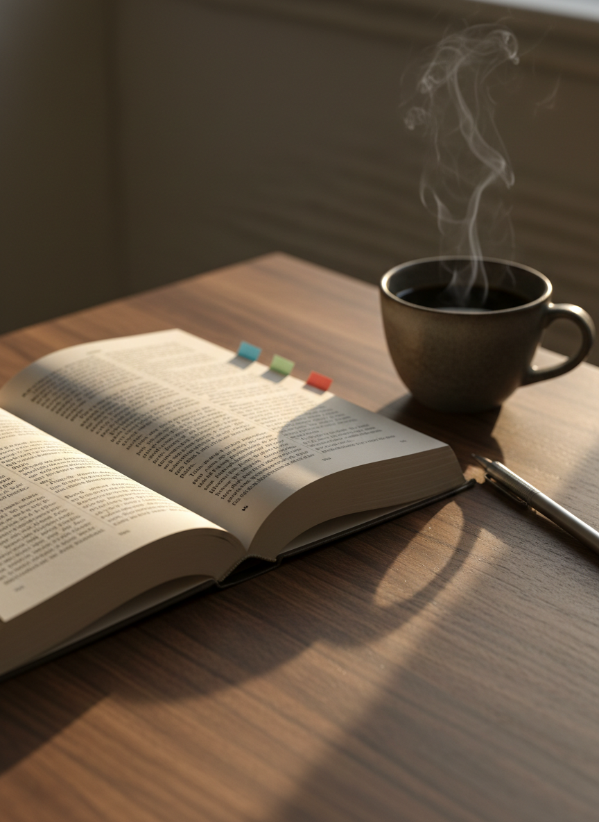 A close-up, side-angled view of a single open book lying on a dark walnut table, its cream-colored pages filled with dense, justified lines of text, and a few delicately placed paper tabs marking important passages. Beside it rests a slim mechanical pencil and a ceramic cup containing black coffee, faint steam rising. The scene is illuminated by soft late-afternoon light streaming through an unseen window, forming elongated, gentle shadows across the pages and table grain. The atmosphere is introspective and serious, evoking careful reading of text samples from literary works. Photographic realism, with a shallow depth of field focusing sharply on a central passage of the page, while the cup and background dissolve into a tasteful blur, creating a sophisticated, readerly aesthetic.
