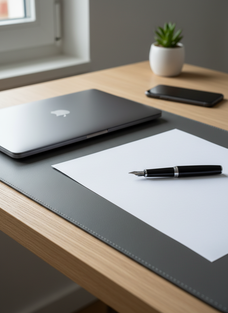 A clean, modern writing and contact corner in a minimalist home office: a slim, silver laptop sits closed on a light oak desk, next to an elegant black fountain pen resting on a blank, high-quality sheet of paper atop a charcoal leather desk pad. A discreet smartphone lies slightly farther away, screen dark, suggesting digital communication without displaying interfaces. Cool, diffused daylight enters from a nearby window, creating soft reflections on the metallic laptop surface and gentle gradients across the white paper. The mood is professional, calm, and inviting, suggesting an author’s contact and correspondence space. Photographic realism, eye-level composition with balanced negative space on one side, suitable as a header image for a contact or imprint page on a sophisticated personal author website.